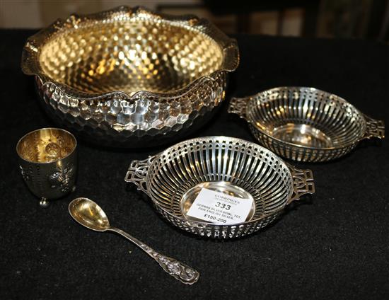 German silver bowl, tot, pair english silver sweetmeat dishes